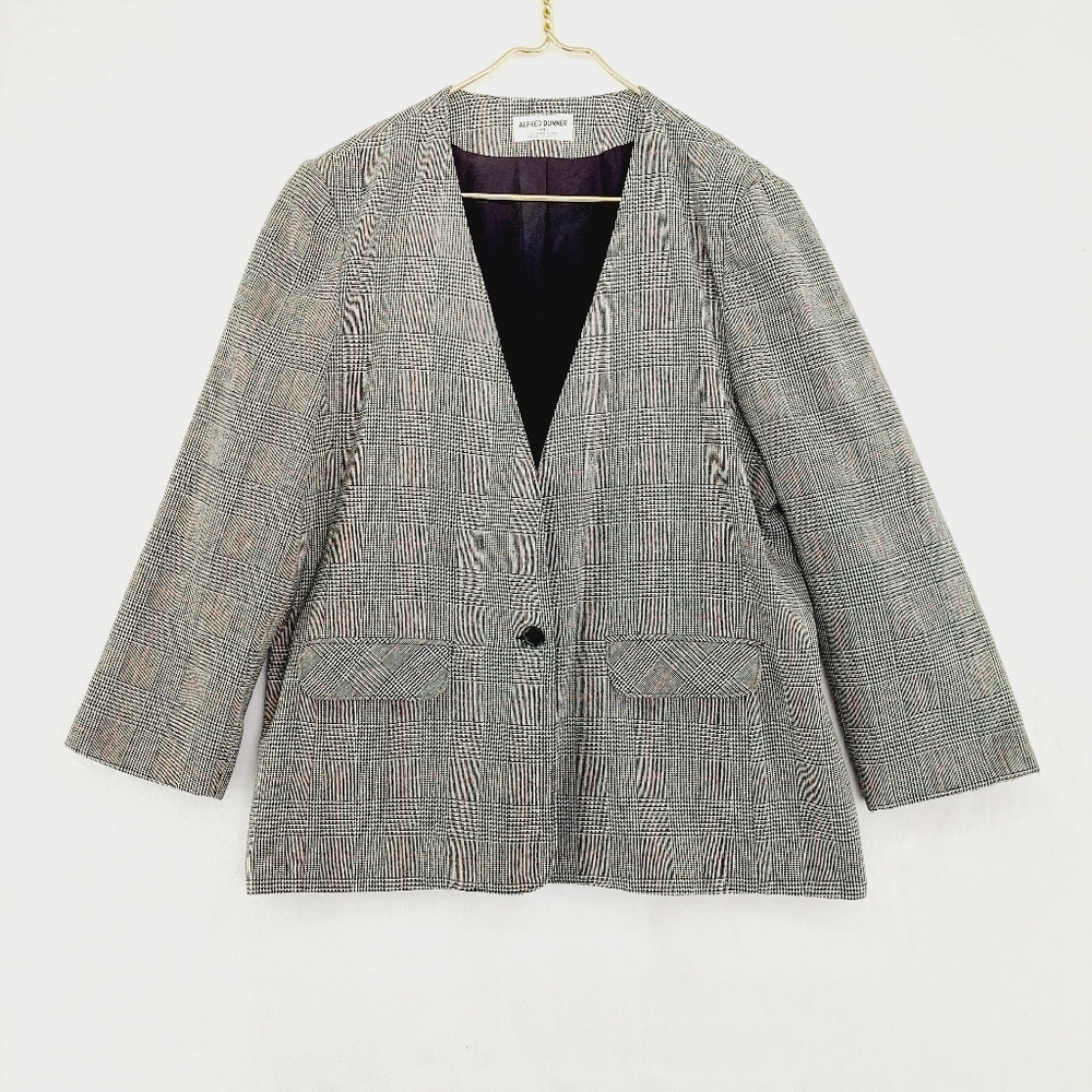 Alfred Dunner Gray Plaid V Neck Wool Blend Business Casual Button Blazer P4581